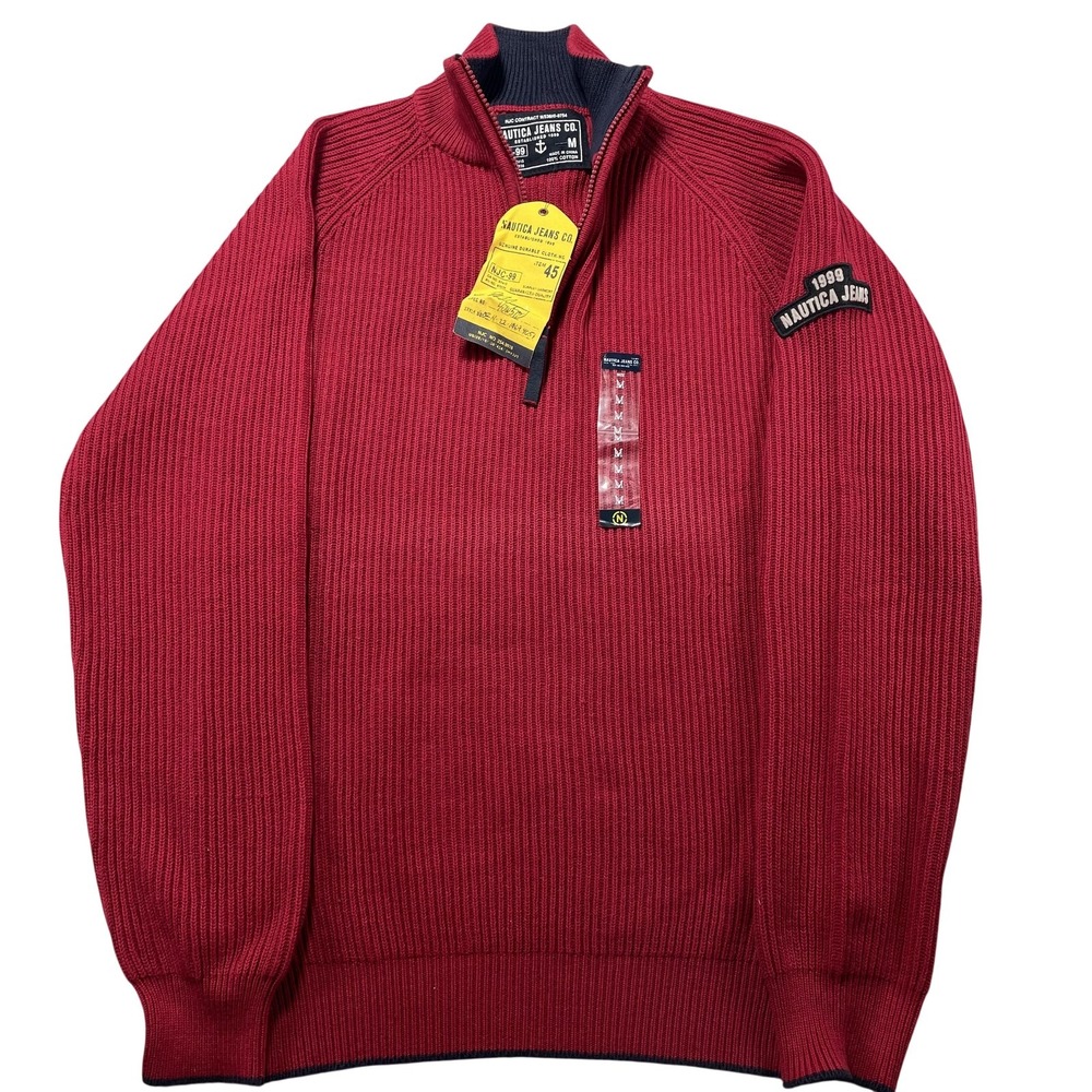 Nautica Jeans Co Sweater Mens Medium Red Cotton 1/4 Zip Mock Neck Pullover Logo